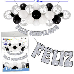 B/ GUIRNALDA GLOBOS PLATA-NEGRO-BLANCO CUMPLE 25